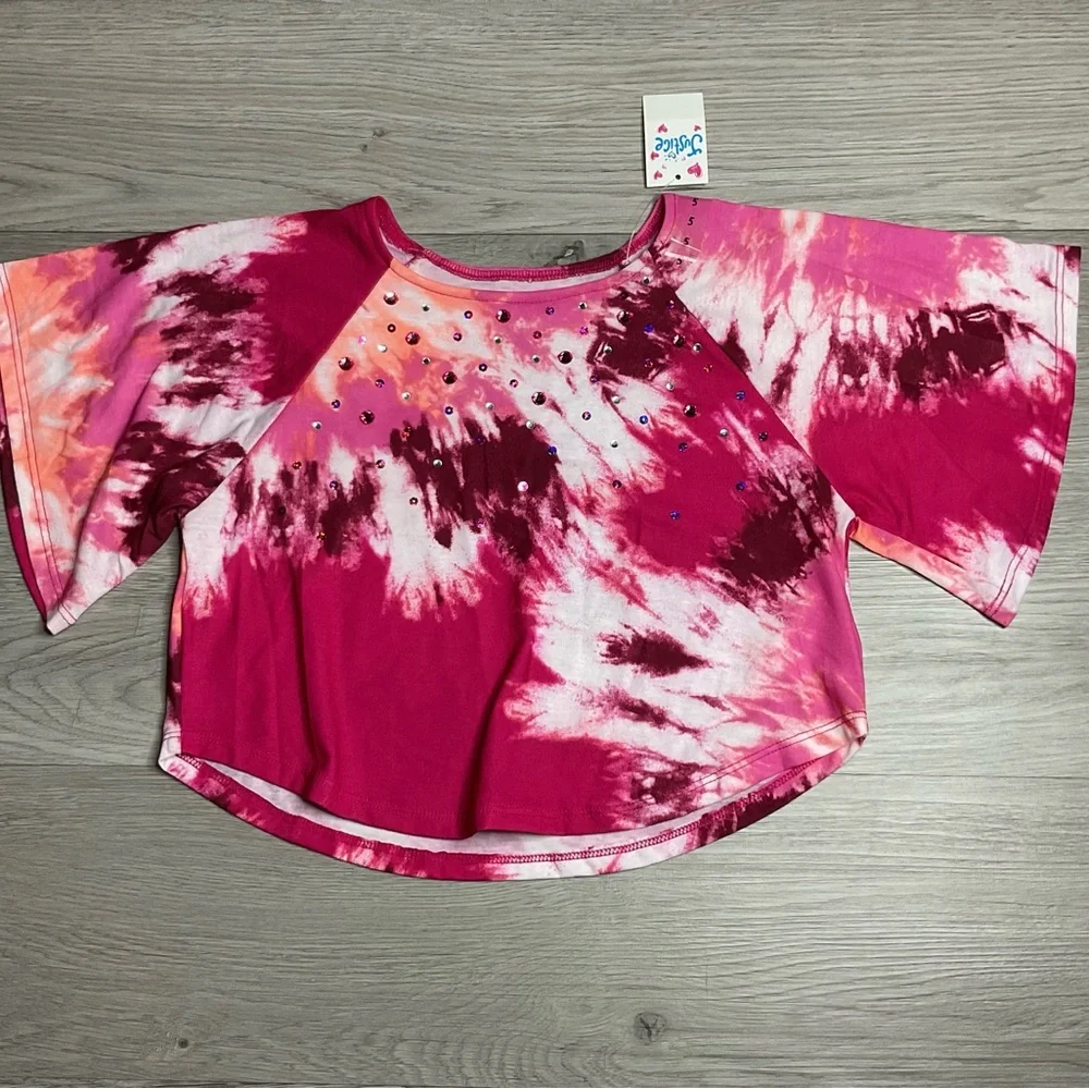 JUSTICE SIZE  5 CROP  SEQUIN T-SHIRT TOP Pink Orange‎ Red Tie Dye